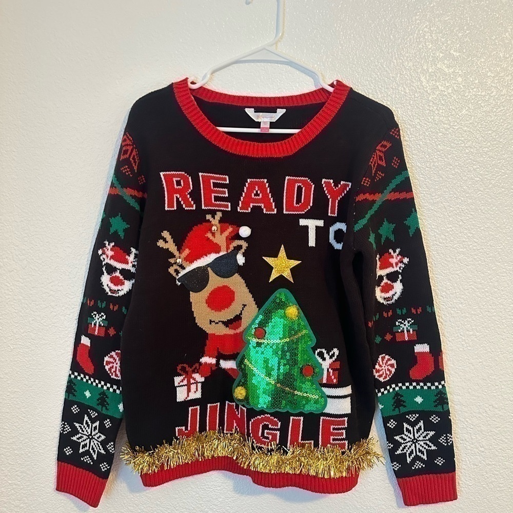 Christmas Sweater Size L Black Rudolph Reindeer - Picture 2 of 9